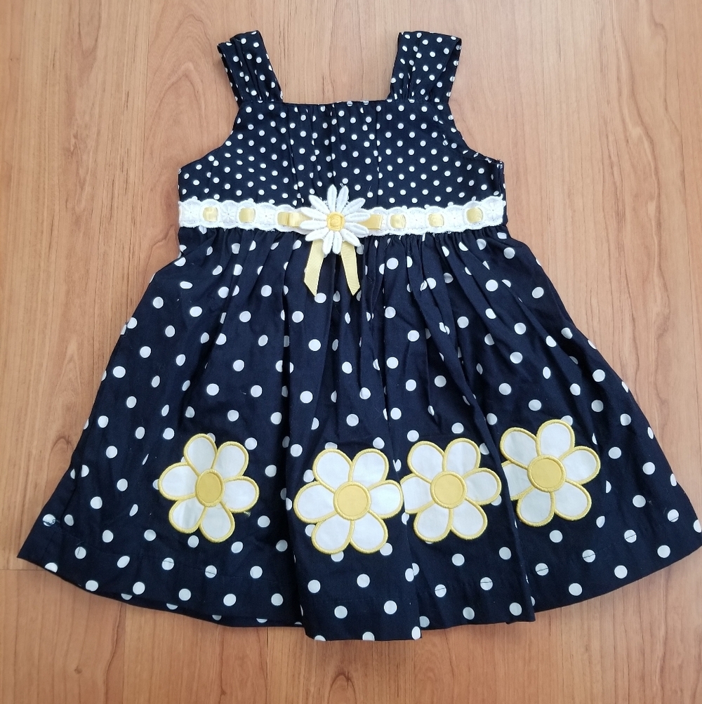 Blueberi Boulevard Navy Polka Dot Dress with Yellow Flowers 12 M